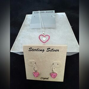💕Sweet Sterling Silver Pink Heart 18” Necklace AND pink crystal earrings. 💕🩶💕